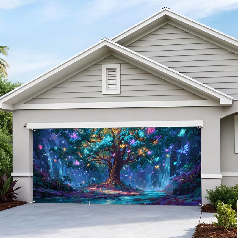 THISFIND Fantasy Forest Garage Door Banner – Colorful Tree & Butterfly Night Scene Mural for Outdoor Holiday or Year-Round Decor - Image 5